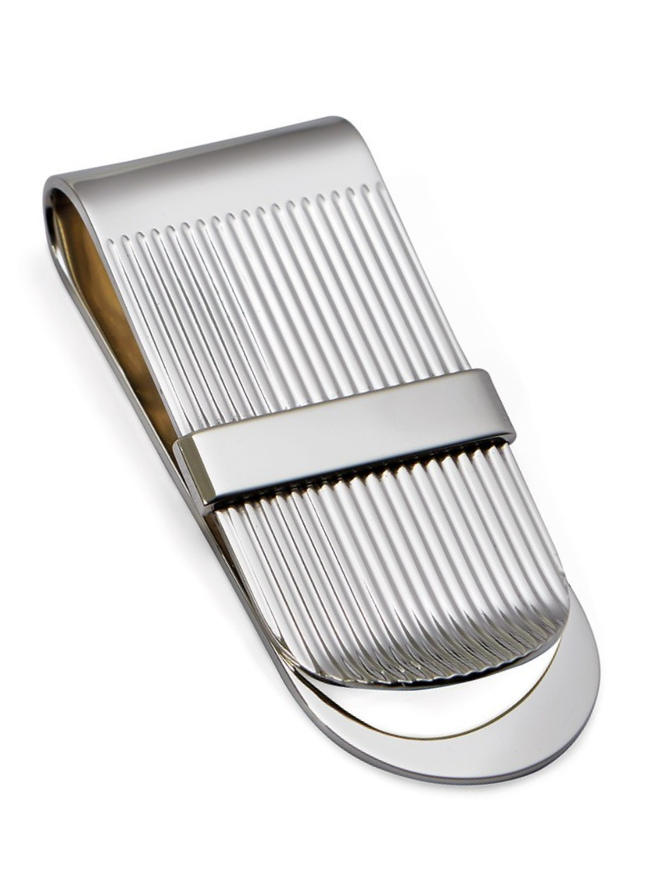 "Close-up of the Sterling Silver Stripe Money Clip showing engraved stripe pattern and horizontal polished band ideal for custom initials."