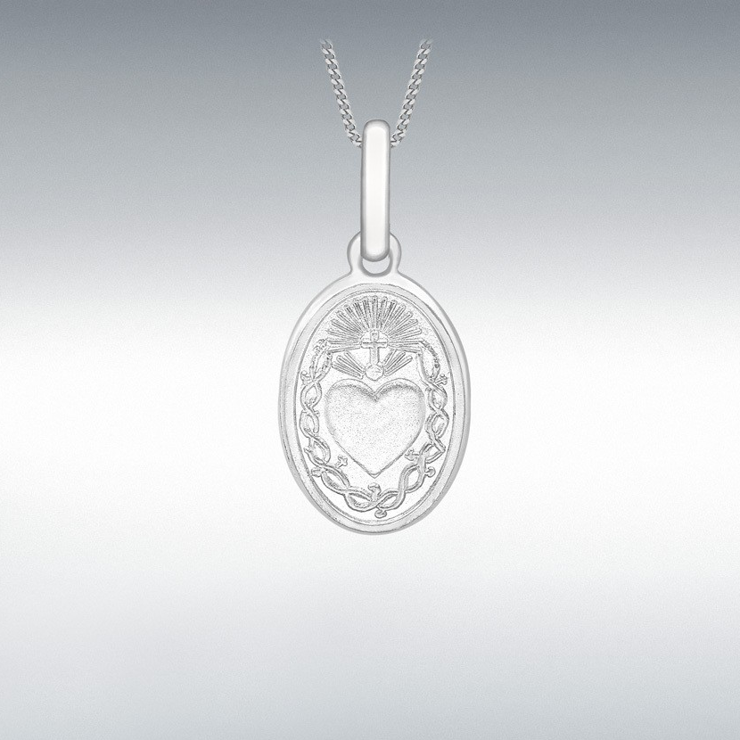 Stylishly presented Sacred Heart Necklace placed on grey background, contrasting tone accentuates the gold’s subtle brilliance.