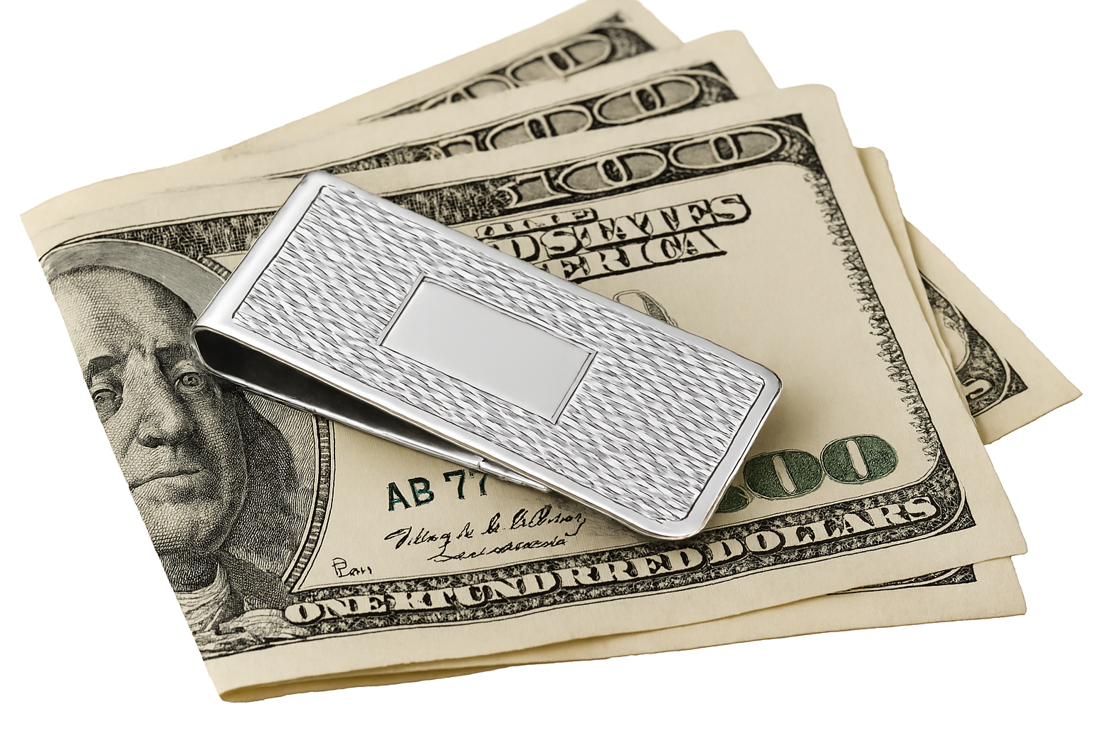 Sterling Silver Barling Barley Money Clip resting on folded US dollar bills, A1 angle highlights barley pattern and central cartouche, symbolising luxury and practicality.