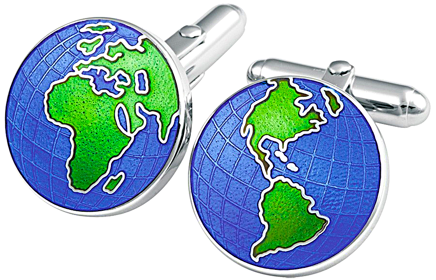Close-up of The Weldon cufflinks showing longitude and latitude detailing