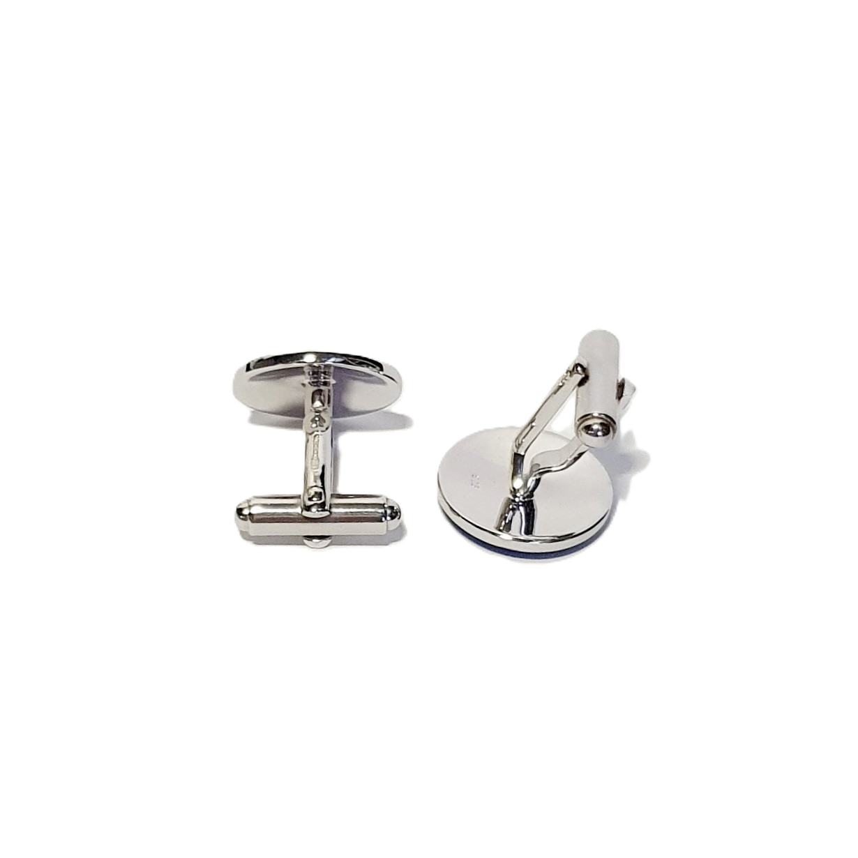 Back of map of the world cufflinks showing torpedo-style fittings in polished sterling silver