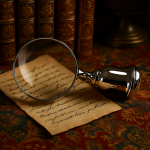 Magnifying glass resting on a wooden desk beside aged parchment and leather-bound books, evoking a scholarly, antique study atmosphere.