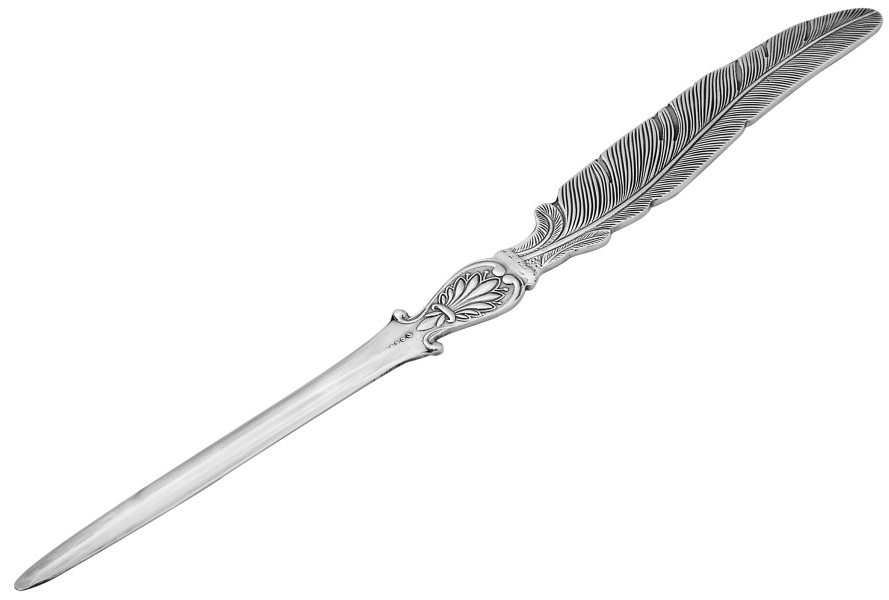 Featherston sterling silver feather letter opener positioned left-facing, displaying the full hallmarked blade and refined feather handle on a pure white background.”