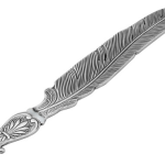 Close-up view of the Featherston sterling silver letter opener handle, showcasing its Victorian-style feather detailing and polished finish against a clean white backdrop.”