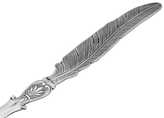 Close-up view of the Featherston sterling silver letter opener handle, showcasing its Victorian-style feather detailing and polished finish against a clean white backdrop.”