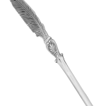 Featherston sterling silver letter opener angled to the right, revealing intricate feather-inspired styling and smooth silver blade on a crisp white surface.”