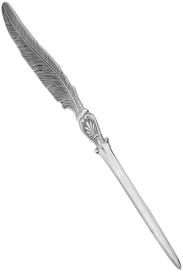 Featherston sterling silver letter opener angled to the right, revealing intricate feather-inspired styling and smooth silver blade on a crisp white surface.”