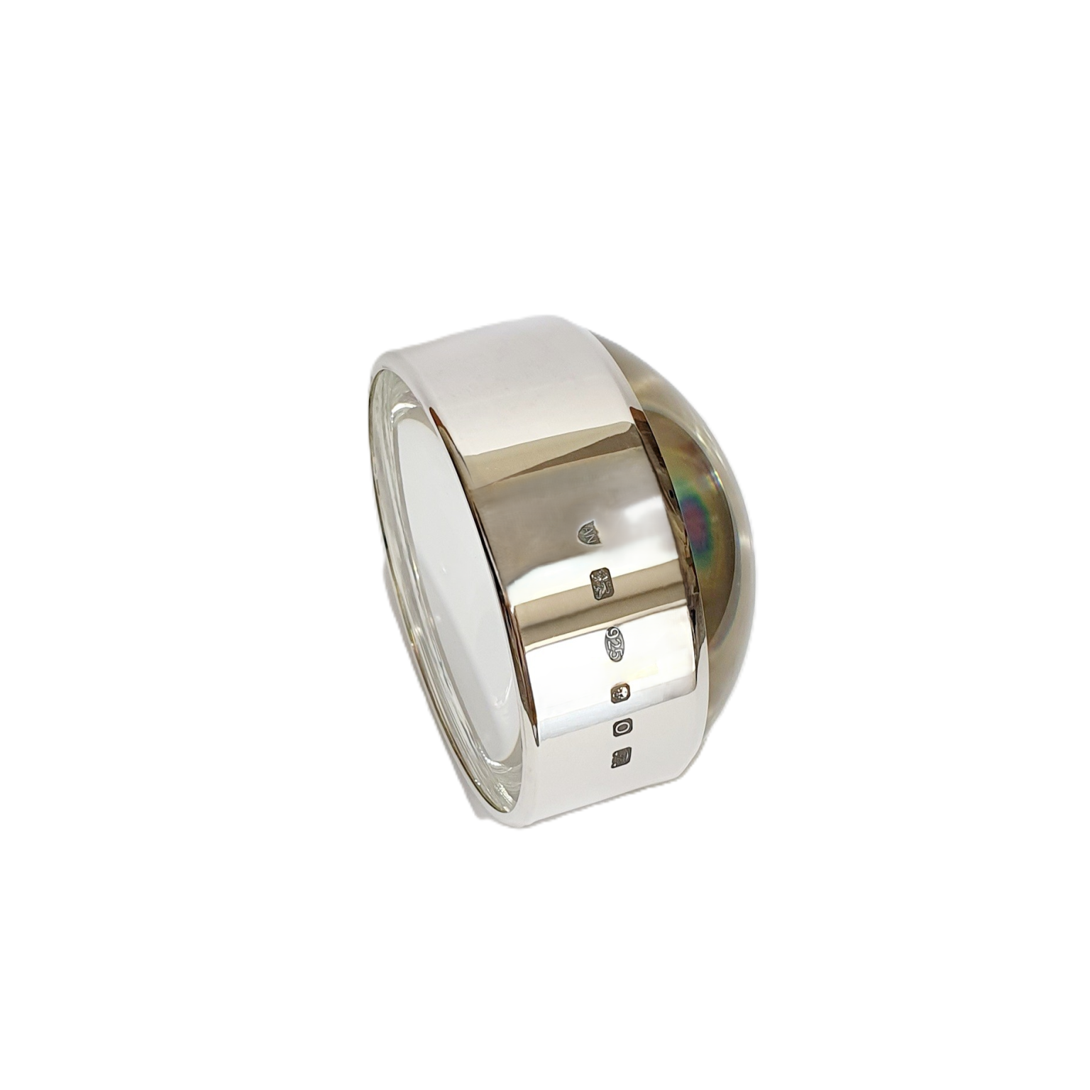 Dual-purpose luxury sterling silver desktop domed paperweight magnifying glass showing the base and hallmark