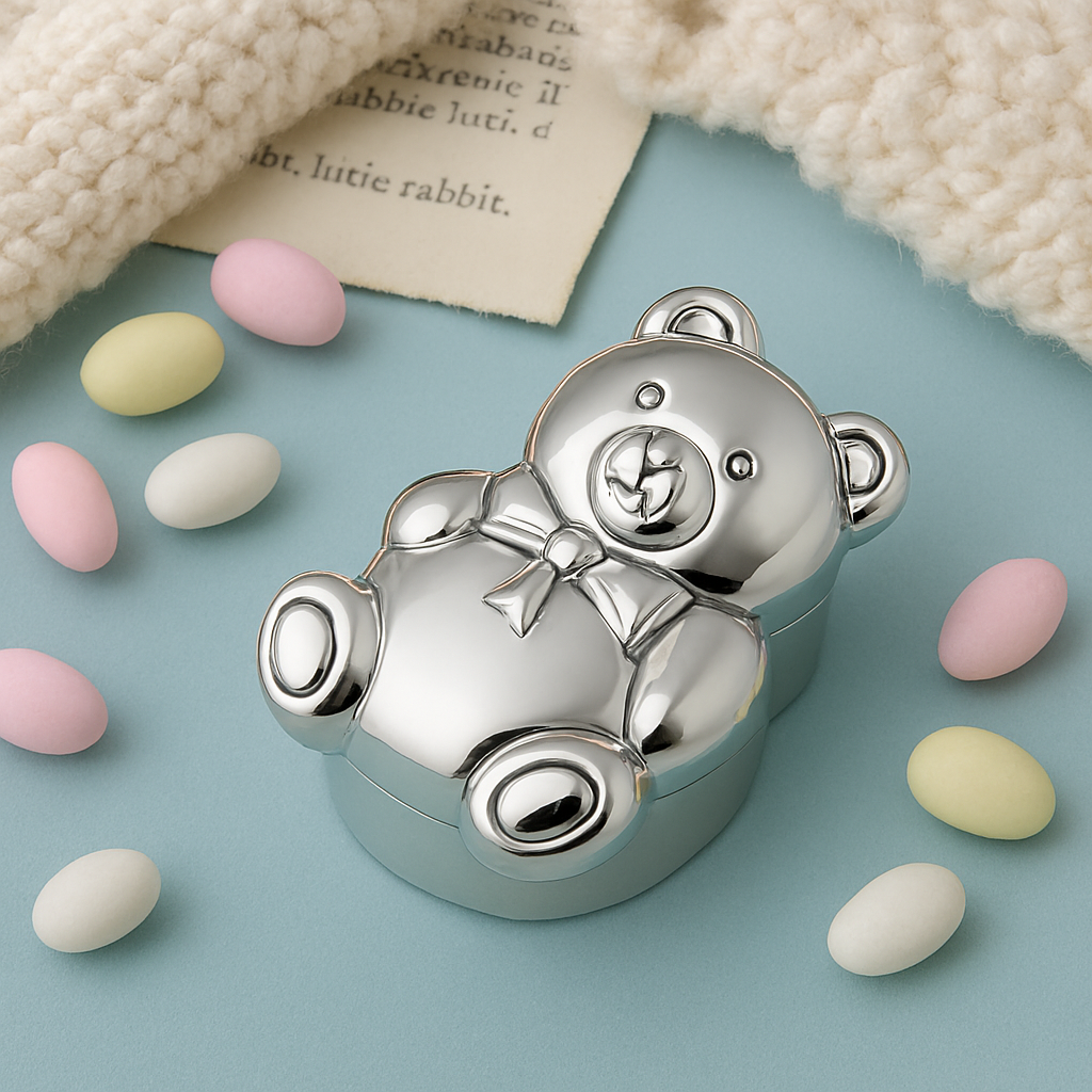 Silver teddy bear pillbox with pastel sweets, baby blanket, and storybook—nostalgic theme.