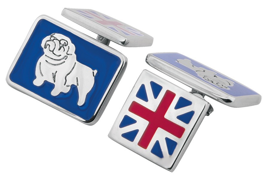 Close-up of cufflink face featuring a British Bulldog and Union Jack enamel design on white background.