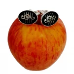 Black enamel Treble Clef cufflinks styled on a red apple, emphasizing polish and musical elegance