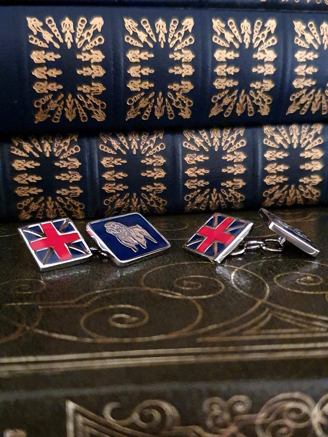 Union Jack Bulldog cufflink photographed at a second angle to showcase depth and craftsmanship.