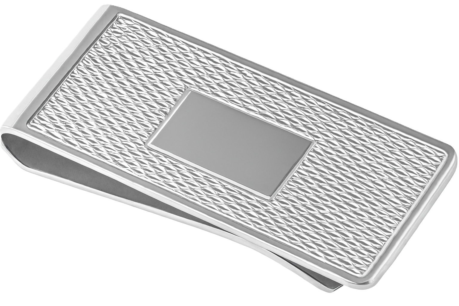 Sterling Silver Barling Barley Money Clip on white background, showing engine-turned pattern and engraving cartouche, hallmarked and polished for refined presentation.