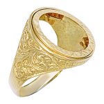 Heavy, solid 9ct gold scroll pattern half sovereign ring mount