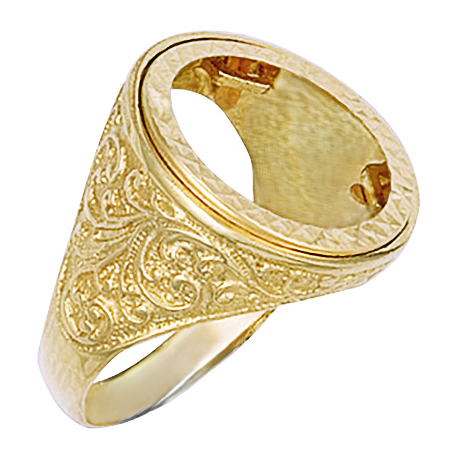 Heavy, solid 9ct gold scroll pattern half sovereign ring mount