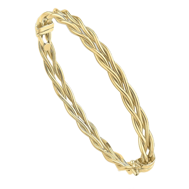 9ct gold interlaced oval bangle angled right against a white backdrop. The box clasp and flowing contours reflect light with refined clarity.