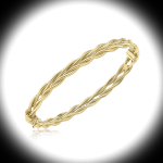 9ct gold interlaced oval bangle centred on white with a soft dark ring behind, creating a spotlight effect. The polished gold gleams with sculptural depth and heritage charm.