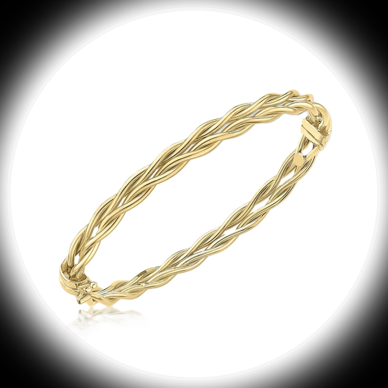 9ct gold interlaced oval bangle centred on white with a soft dark ring behind, creating a spotlight effect. The polished gold gleams with sculptural depth and heritage charm.