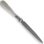 Sterling silver and mother of pearl paper knife shown on a white background, positioned with the blade pointing toward the bottom right corner. The image highlights the smooth finish and elegant proportions.
