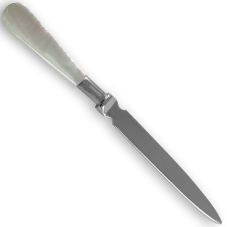Sterling silver and mother of pearl paper knife shown on a white background, positioned with the blade pointing toward the bottom right corner. The image highlights the smooth finish and elegant proportions.