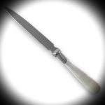 Sterling silver and mother of pearl paper knife photographed against a soft spotlight-style background, with a white centre fading to a darker edge. The lighting draws focus to the blade and handle, enhancing the reflective silver and iridescent mother of pearl.