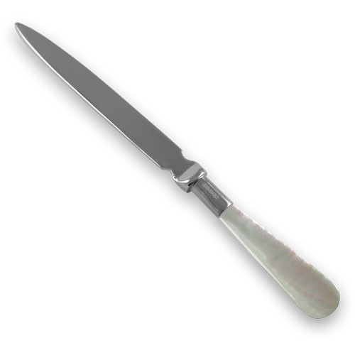 Sterling silver and mother of pearl paper knife photographed on a white background, angled with the blade pointing toward the top left corner. The polished silver blade and iridescent handle are clearly visible.