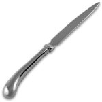 Polished sterling silver letter opener with pistol grip handle, blade angled top-right on white backdrop.