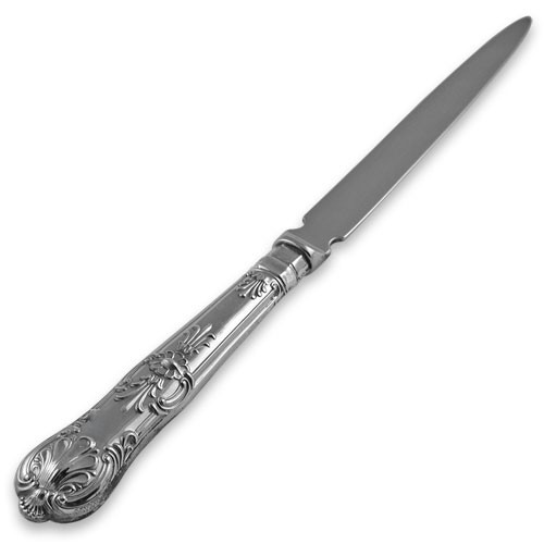Sterling silver letter opener with steel blade directed toward the top right corner