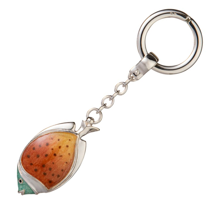 Elegant sterling silver Tropical Fish Key Ring shown facing left on a crisp white background, highlighting the detailed enamel colours and refined Italian craftsmanship.