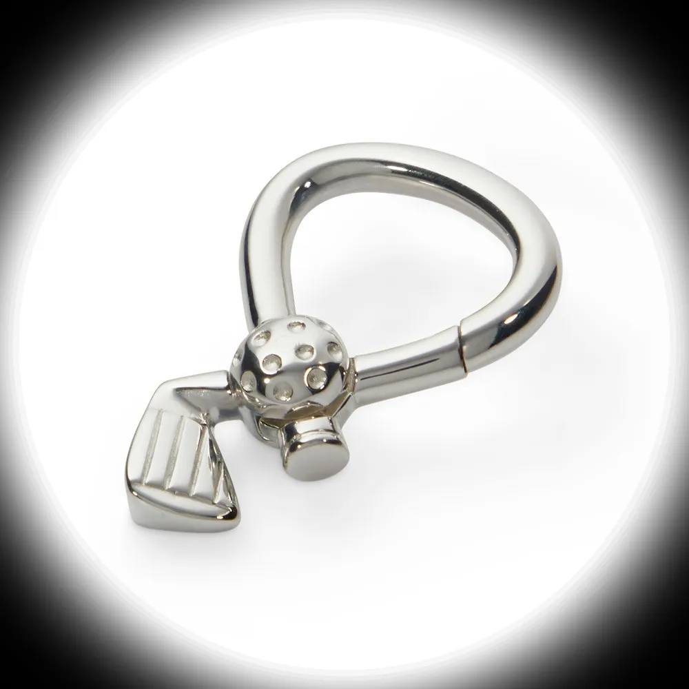Genuine silver golf club and ball key ring is presented on a white background with a soft black‑shaded spotlight effect. The left‑facing angle emphasizes the club’s elegant curve and the textured ball detail.