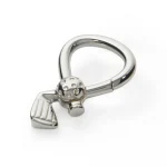 A polished sterling‑silver golf club and ball key ring photographed against a clean white background. The left‑facing angle highlights the smooth contours, bright finish, and detailed miniature ball design.