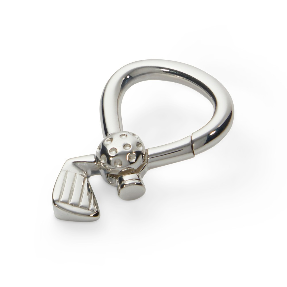 A polished sterling‑silver golf club and ball key ring photographed against a clean white background. The left‑facing angle highlights the smooth contours, bright finish, and detailed miniature ball design.