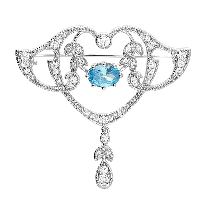 Sterling Silver Art Nouveau Style Brooch with blue and white stones displayed on a clean white background.
