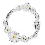 A clean white‑background photograph of the Sterling Silver Daisy Circle Brooch positioned as though it gently pierces a piece of plain white material. The two‑tone daisies, gold‑plated centre stamen and curved stem design stand out clearly against the simple backdrop.