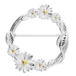 A clear white‑background image of the Sterling Silver Daisy Circle Brooch, displayed with the pin extended across the back. The two‑tone daisies and wrapped stem detailing appear crisp and bright, highlighting the craftsmanship and polished finish.