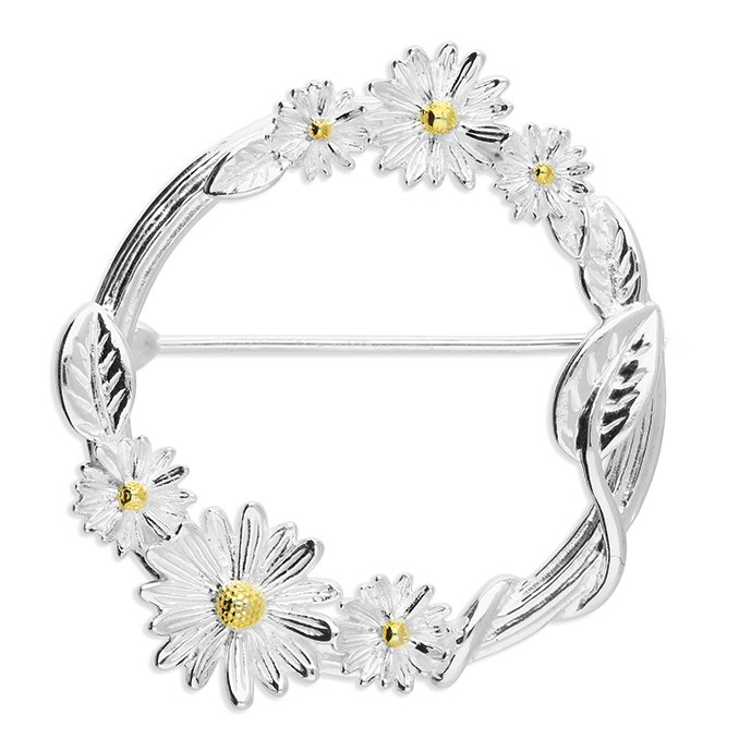 A clear white‑background image of the Sterling Silver Daisy Circle Brooch, displayed with the pin extended across the back. The two‑tone daisies and wrapped stem detailing appear crisp and bright, highlighting the craftsmanship and polished finish.