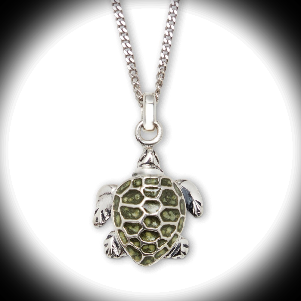 Sterling Silver Green Enamel Turtle Pendant on a white spotlight background with darker edges.