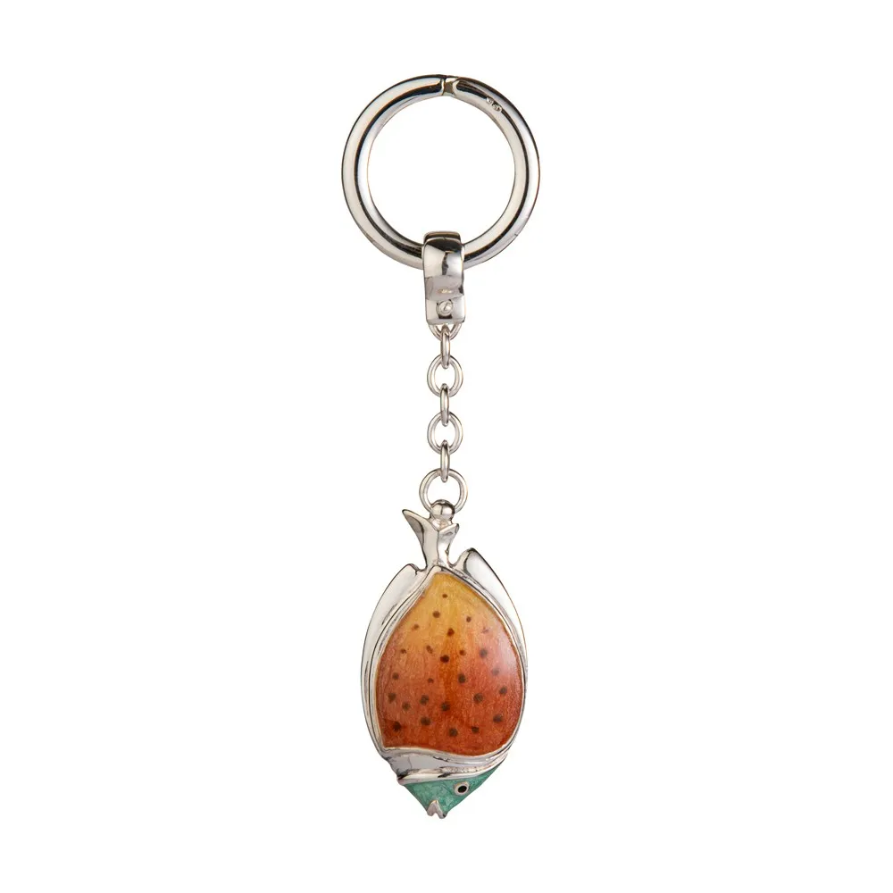 Top‑down view of the Tropical Fish Key Ring on a pure white background, showcasing the full shape, rich colours, and polished sterling silver finish.