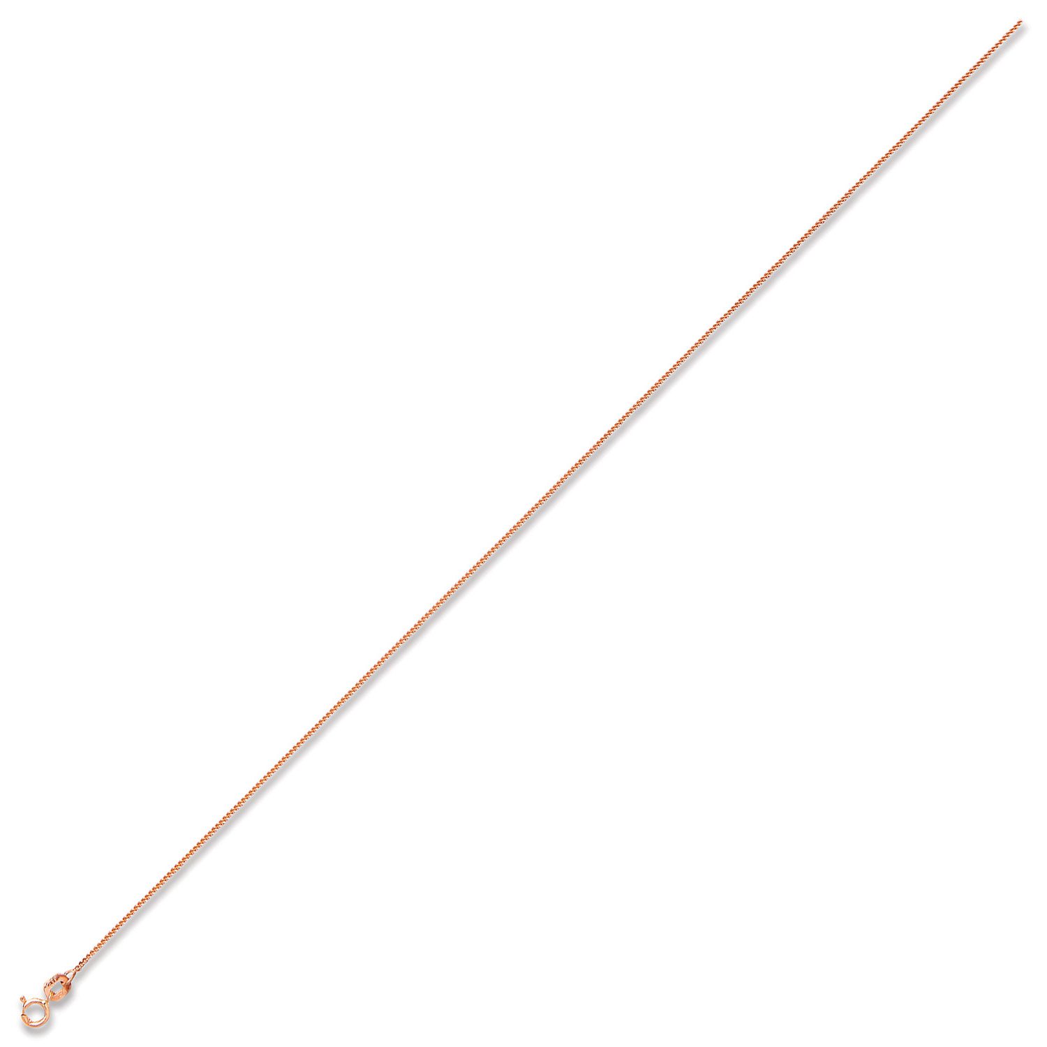 9ct rose gold 1mm curb link chain displayed on a clean white background, showing its fine close‑linked design.