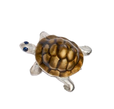 Close‑up of a single sterling silver tortoise cufflink showing the glossy vitreous enamel shell, sapphire eye, and fine sculpted detailing against a white background.