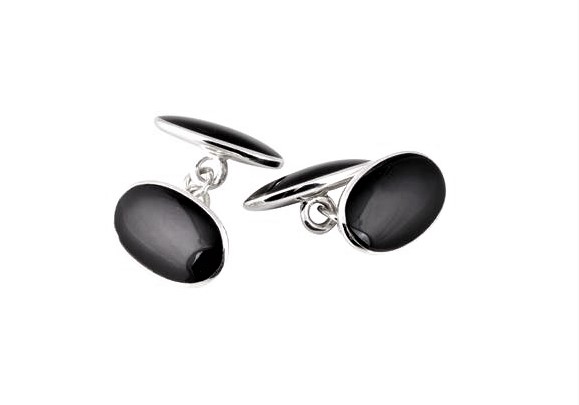 Men’s Sterling Silver Black Oval Cufflinks with polished black onyx