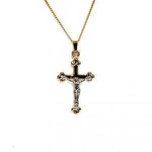 The Staveley 9ct Crucifix Necklace is 32mm with the top saddle loop 25mm x 16.8mm without and is 2mm in depth. It is made with a hollow 9ct yellow gold tube with a white gold Jesus, all highly polished. It can be purchased independently or with a 16, 18 or 20-inch traditional solid gold curb link chain.