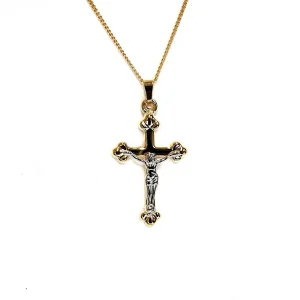 The Staveley 9ct Crucifix Necklace is 32mm with the top saddle loop 25mm x 16.8mm without and is 2mm in depth. It is made with a hollow 9ct yellow gold tube with a white gold Jesus, all highly polished. It can be purchased independently or with a 16, 18 or 20-inch traditional solid gold curb link chain.