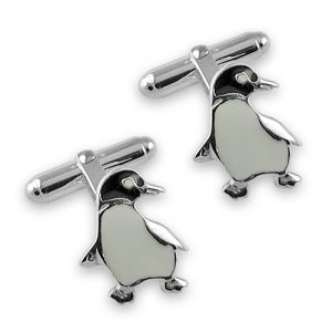 Sterling Silver Penguin Cufflinks with a black enamelled head and white enamelled body; the feet and flippers are polished silver, and they have swivel torpedo backs