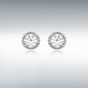 9ct white stud earrings ES00793-7MM-CZ, a single 5mm sparkling white cubic zirconia surrounded with a single row of 9ct white gold balls.