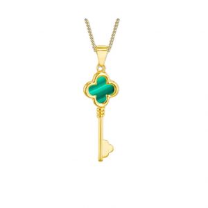 A 9ct gold key-shaped necklace with a polished green malachite inlay, displayed upright against a clean white background.