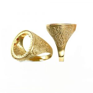 Heavy solid 9ct gold scroll pattern half sovereign ring mount showing two different angles.
