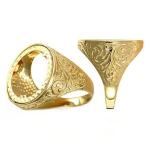Heavy solid 9ct gold scroll pattern full sovereign ring mount showing two different angles.