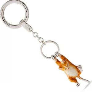 Hallmarked 925 silver ginger cat key fob or handbag charm with ginger and white enamel swinging from a ring.