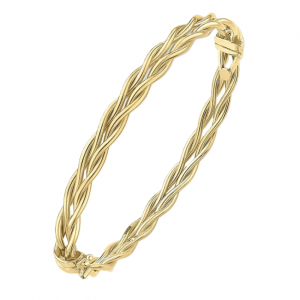 9ct gold interlaced oval bangle angled right against a white backdrop. The box clasp and flowing contours reflect light with refined clarity.